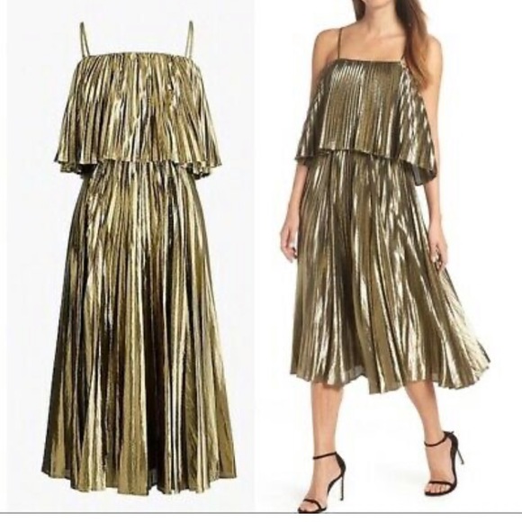 New J crew Collection Gold Lamé Pleated Midi Dress - Picture 3 of 15